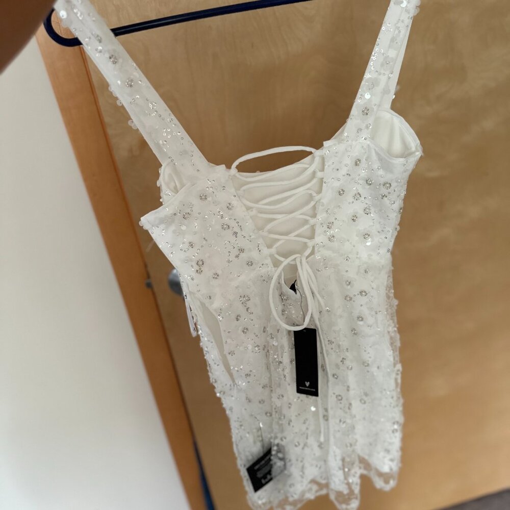Lulus Dazzling Forever White Sequin Beaded Bodycon Mini Dress - Size XS - Picture 7 of 7